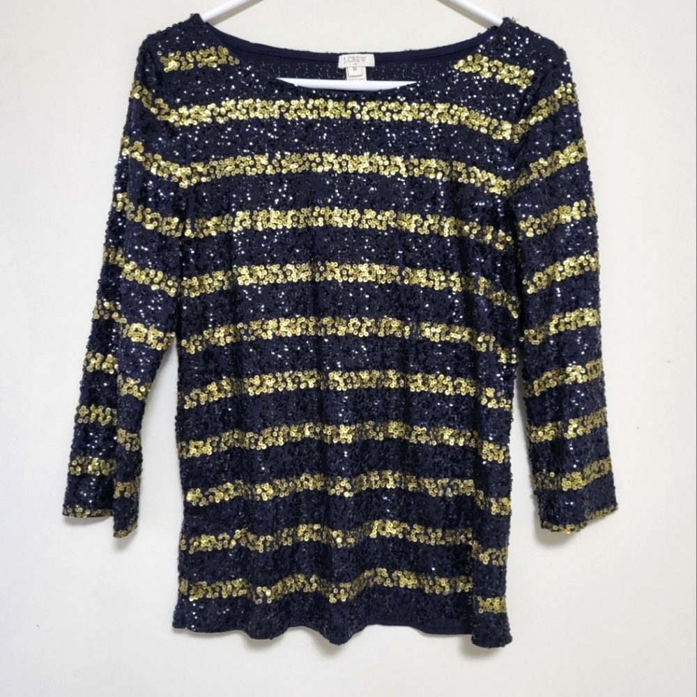 J. Crew Factory Navy and Gold Sequin Striped Boatneck Top